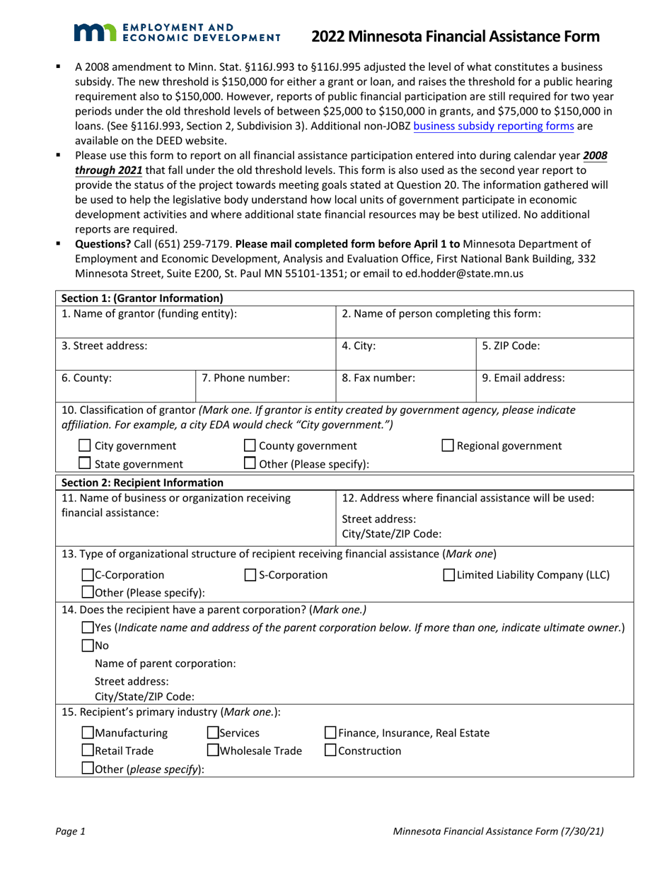 Minnesota Financial Assistance Form - Minnesota, Page 1