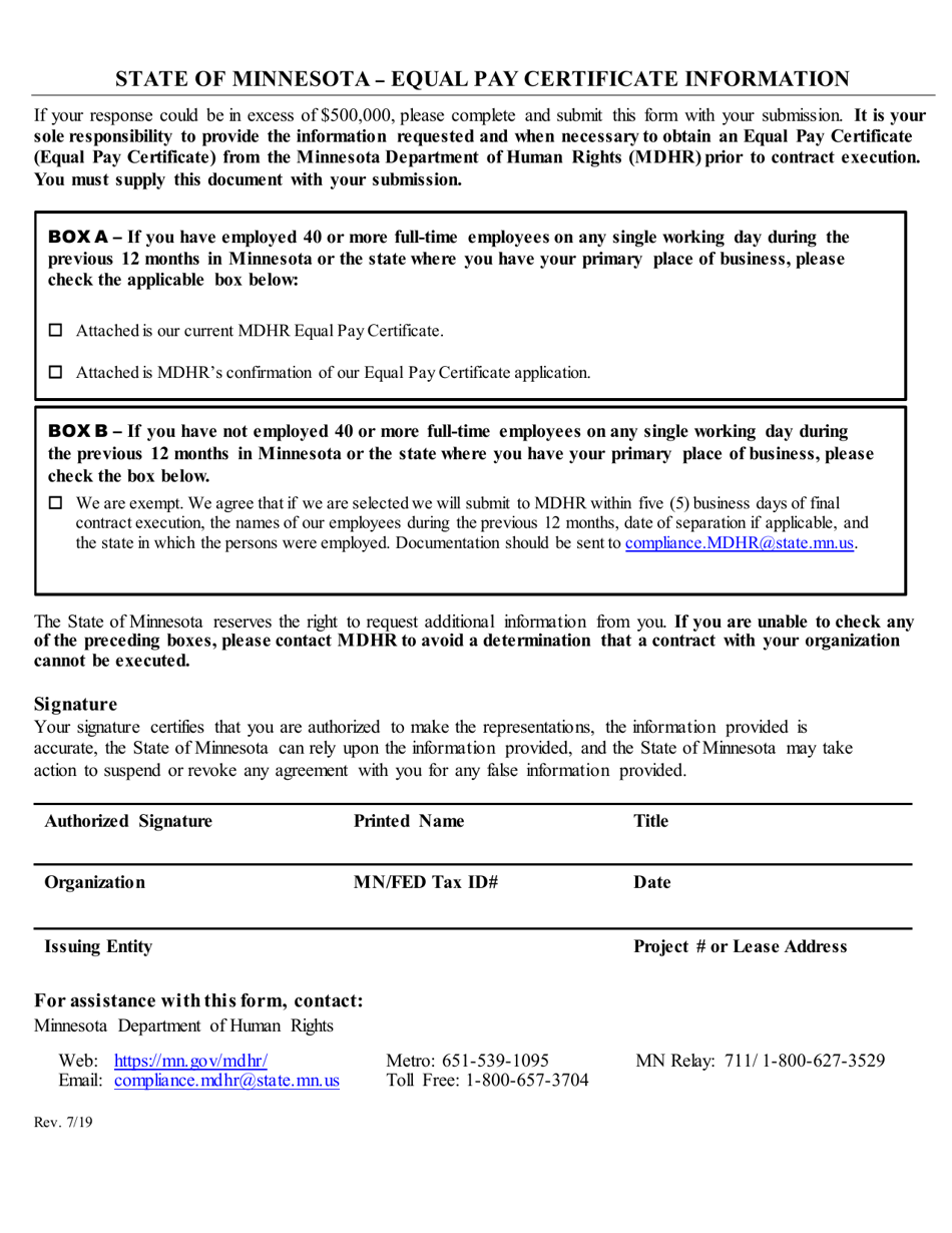 Minnesota Equal Pay Certificate Information Fill Out, Sign Online and