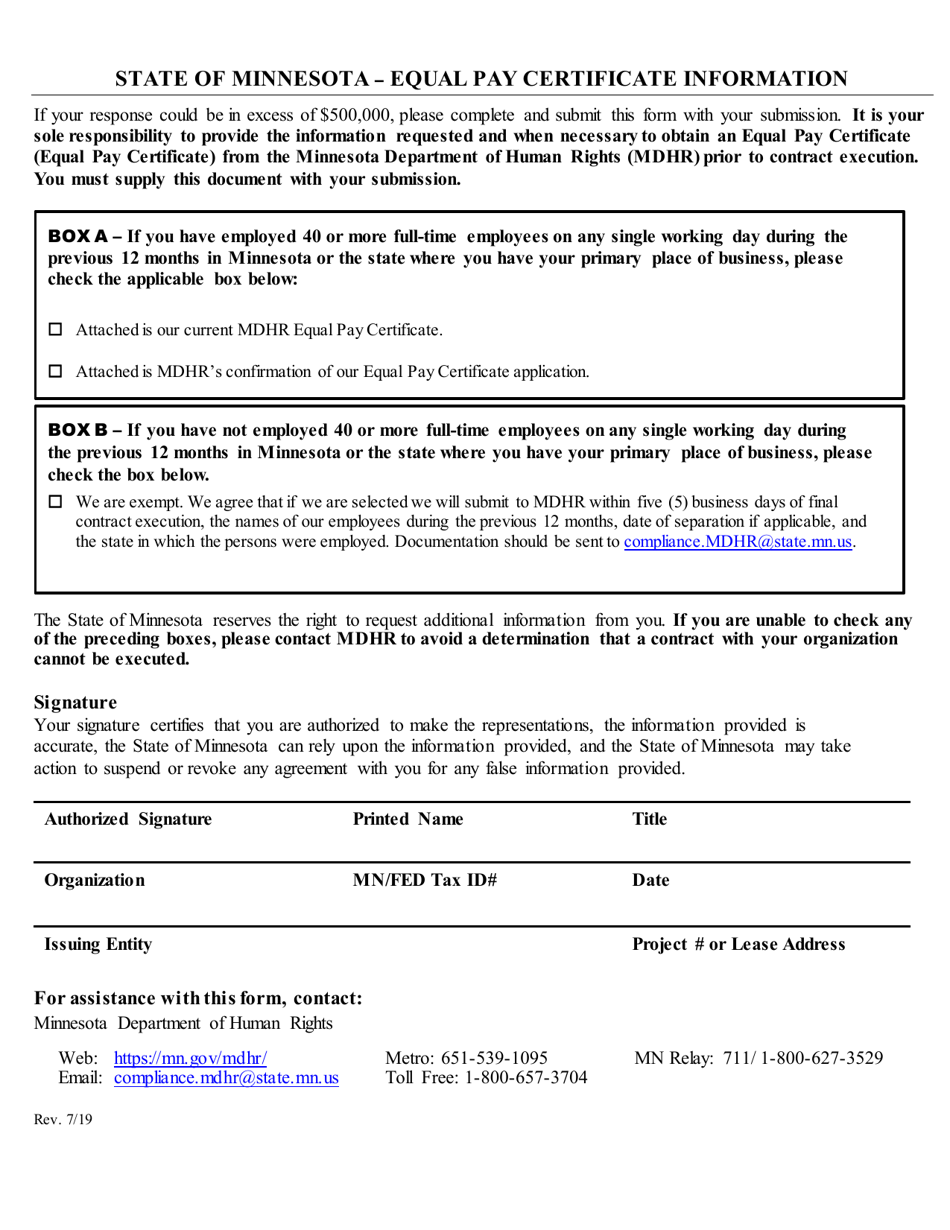 Equal Pay Certificate Information - Minnesota, Page 1