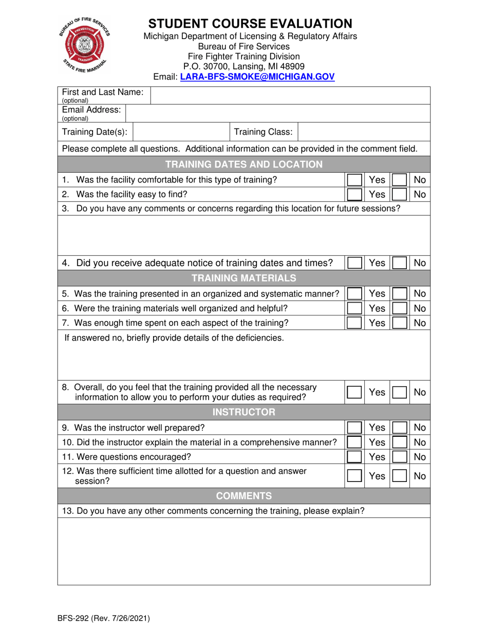 Form BFS-292 Student Course Evaluation - Michigan, Page 1