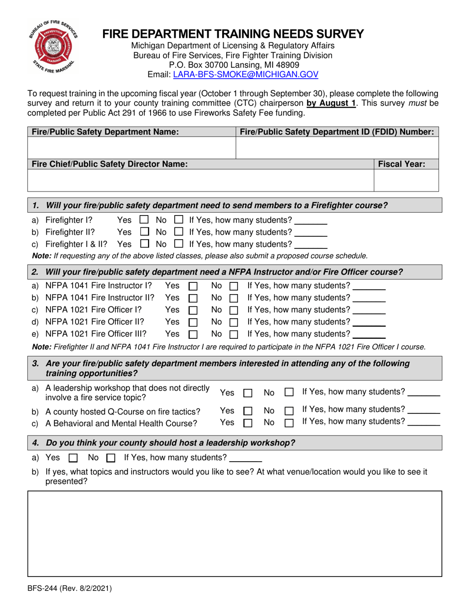 Form BFS-244 Fire Department Training Needs Survey - Michigan, Page 1