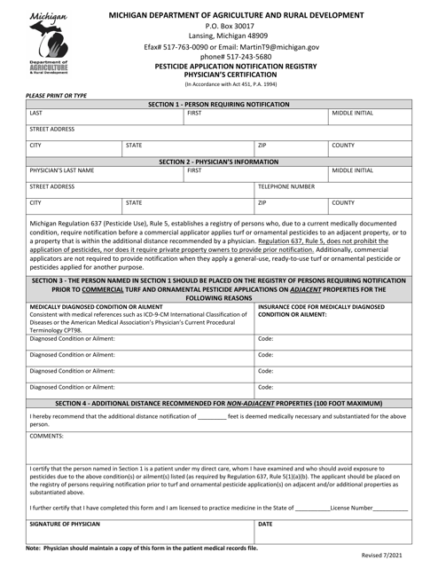 Pesticide Application Notification Registry Physician's Certification - Michigan Download Pdf