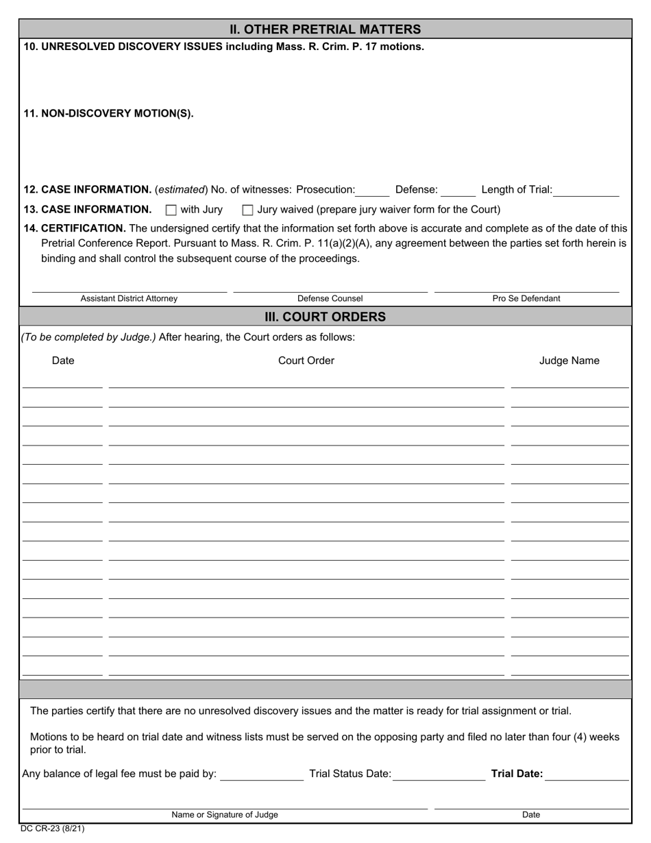 Form Dc Cr-23 Download Fillable Pdf Or Fill Online Pretrial Conference 