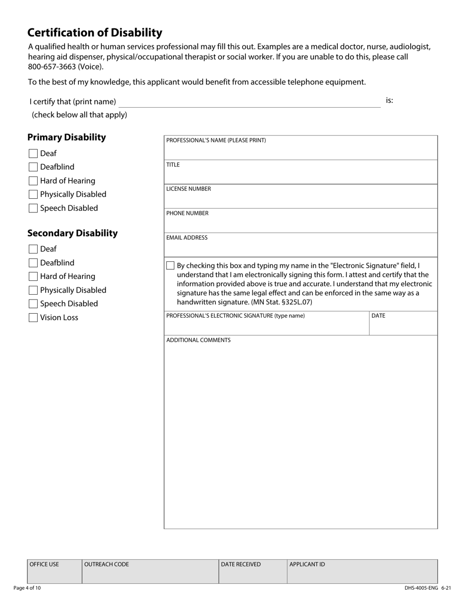 Form DHS-4005-ENG Telephone Equipment Distribution Program Application - Minnesota, Page 4