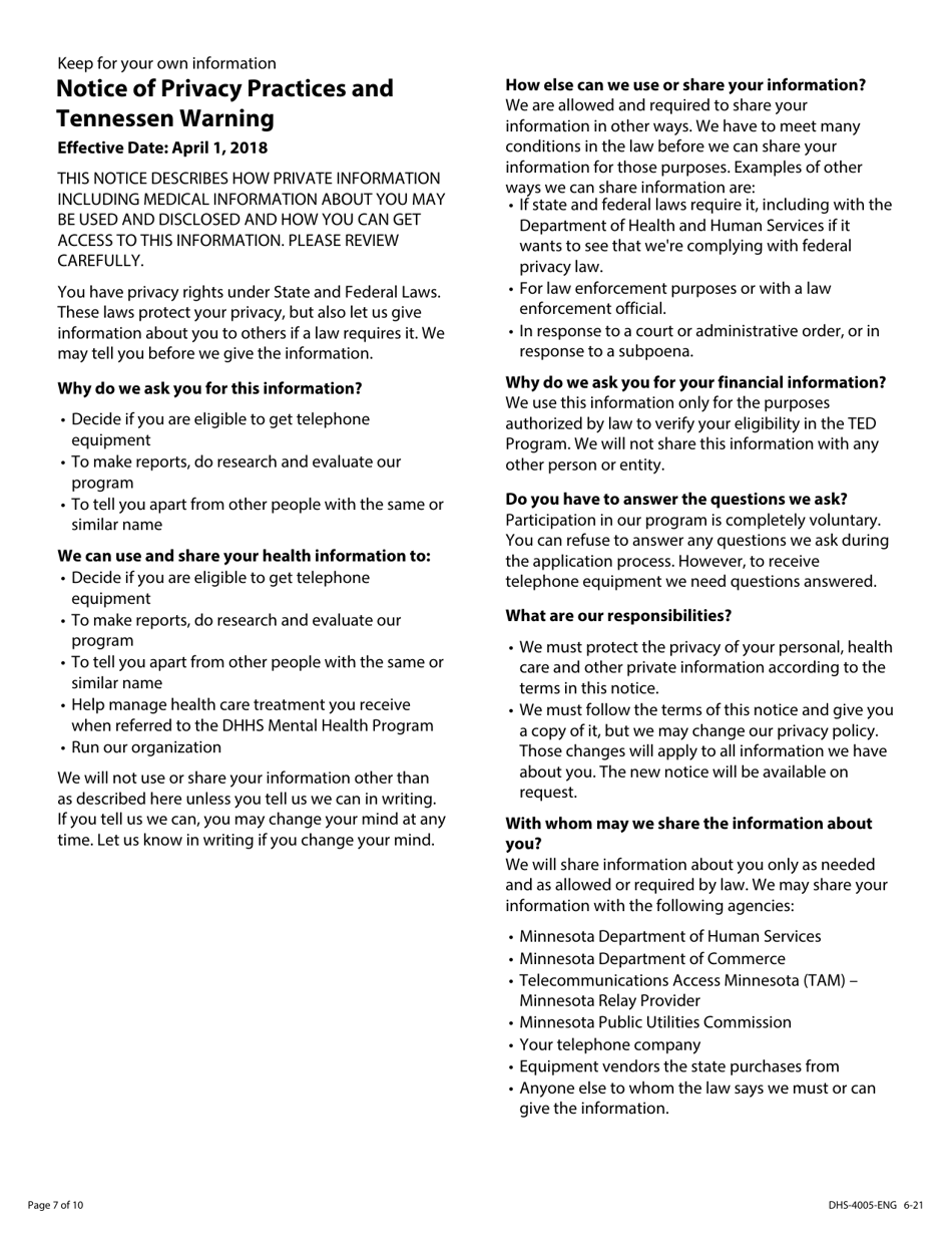 Form DHS-4005-ENG Telephone Equipment Distribution Program Application - Minnesota, Page 7