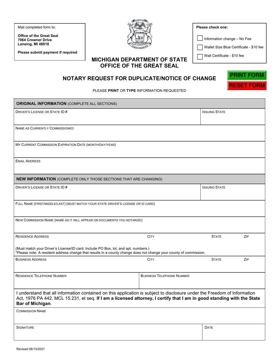 Notary Request for Duplicate / Notice of Change - Michigan, Page 1