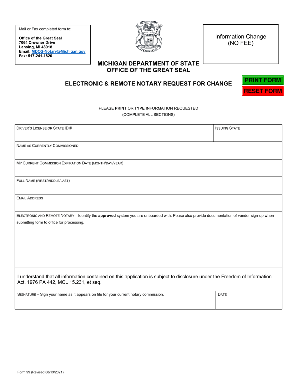 Form 99 Electronic  Remote Notary Request for Change - Michigan, Page 1
