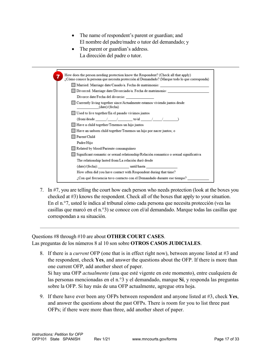 Form OFP101 Instructions - Asking for an Order for Protection (Ofp) - Minnesota (English / Spanish), Page 17
