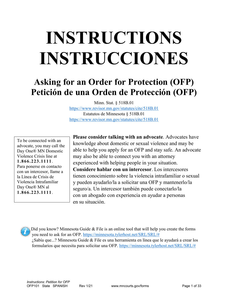 Form OFP101 Instructions - Asking for an Order for Protection (Ofp) - Minnesota (English / Spanish), Page 1