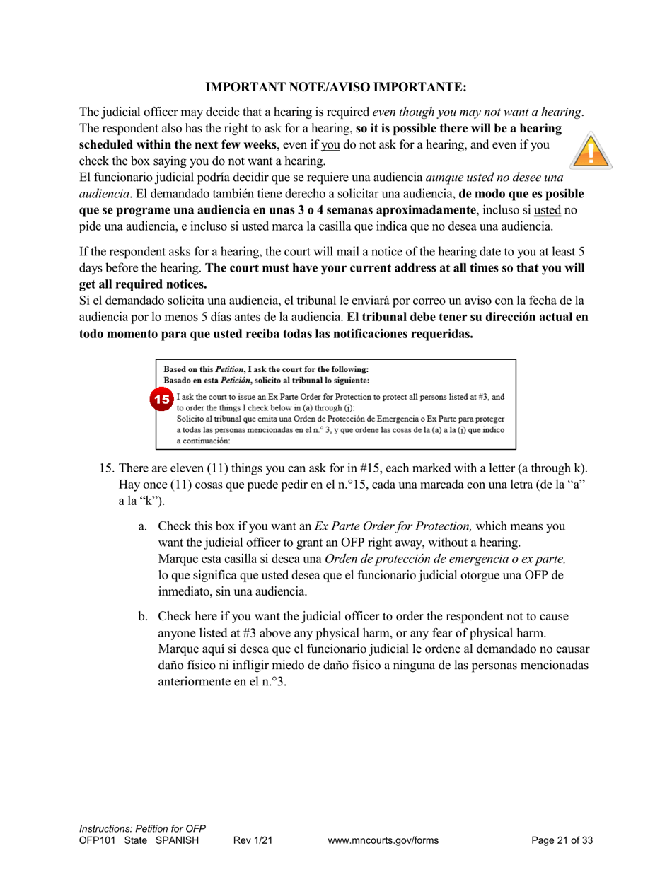 Form OFP101 Instructions - Asking for an Order for Protection (Ofp) - Minnesota (English / Spanish), Page 21