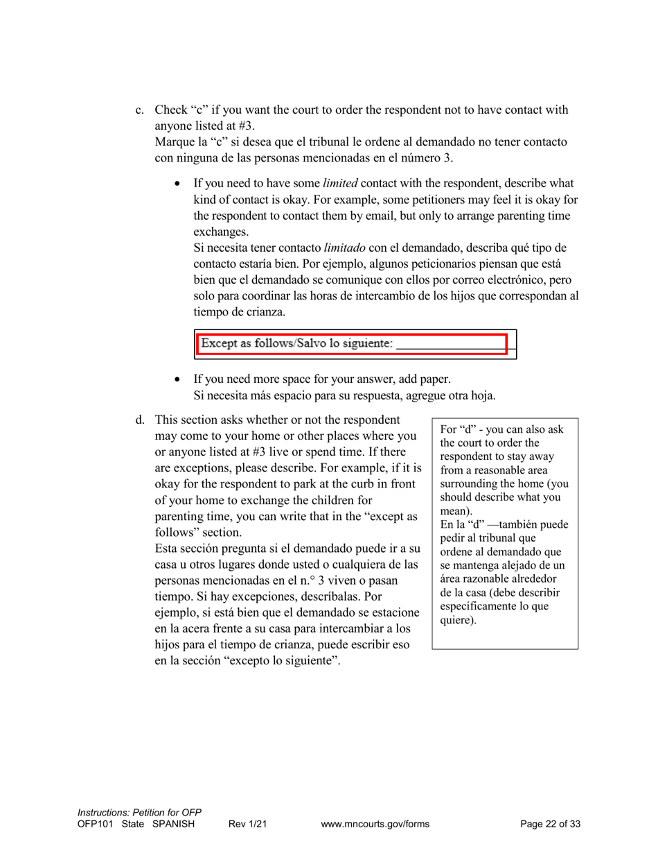 Form OFP101 Instructions - Asking for an Order for Protection (Ofp) - Minnesota (English / Spanish), Page 22