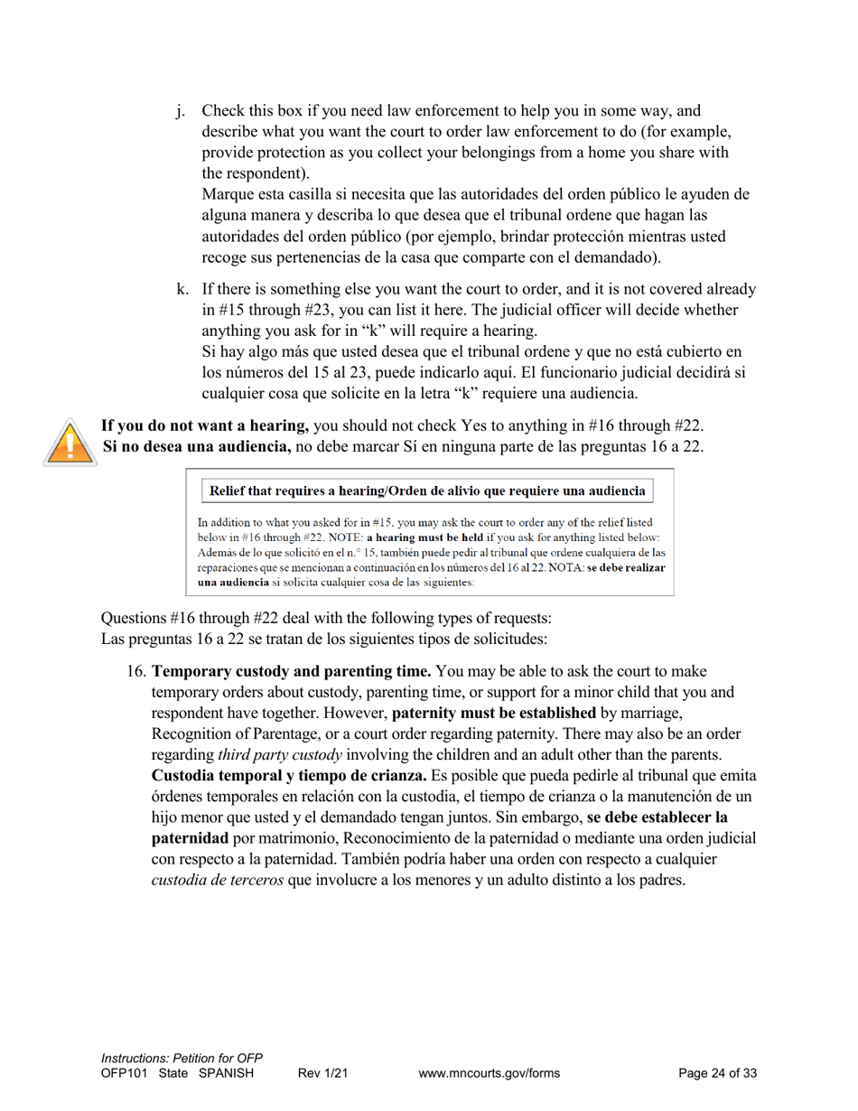 Form OFP101 Instructions - Asking for an Order for Protection (Ofp) - Minnesota (English / Spanish), Page 24