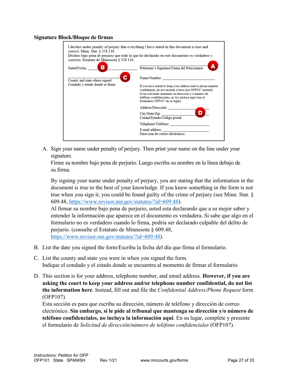Form OFP101 Instructions - Asking for an Order for Protection (Ofp) - Minnesota (English / Spanish), Page 27