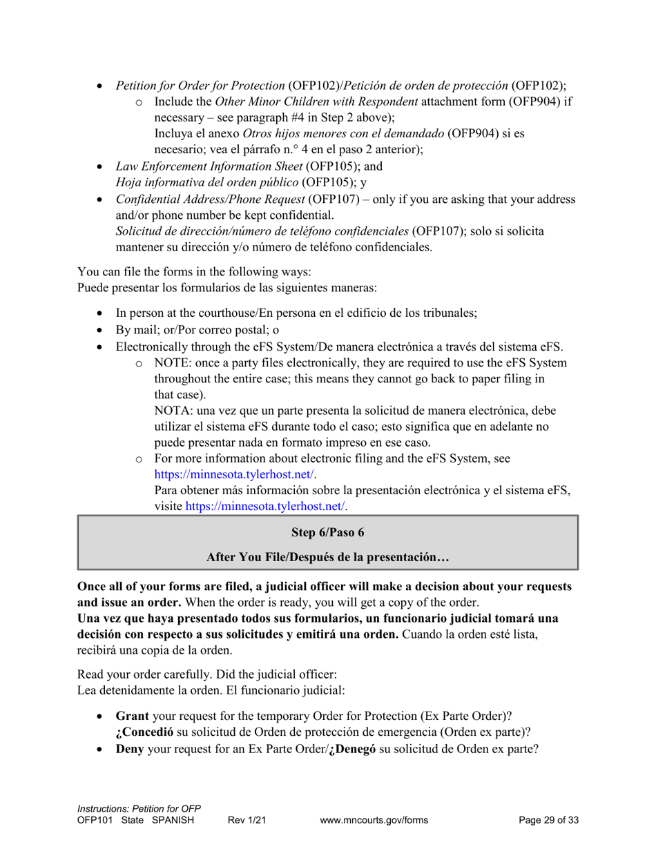 Form OFP101 Instructions - Asking for an Order for Protection (Ofp) - Minnesota (English / Spanish), Page 29