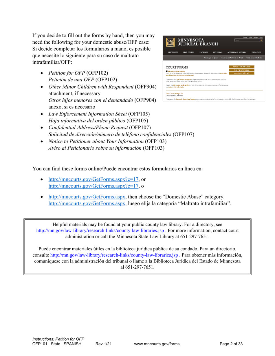 Form OFP101 Instructions - Asking for an Order for Protection (Ofp) - Minnesota (English / Spanish), Page 2
