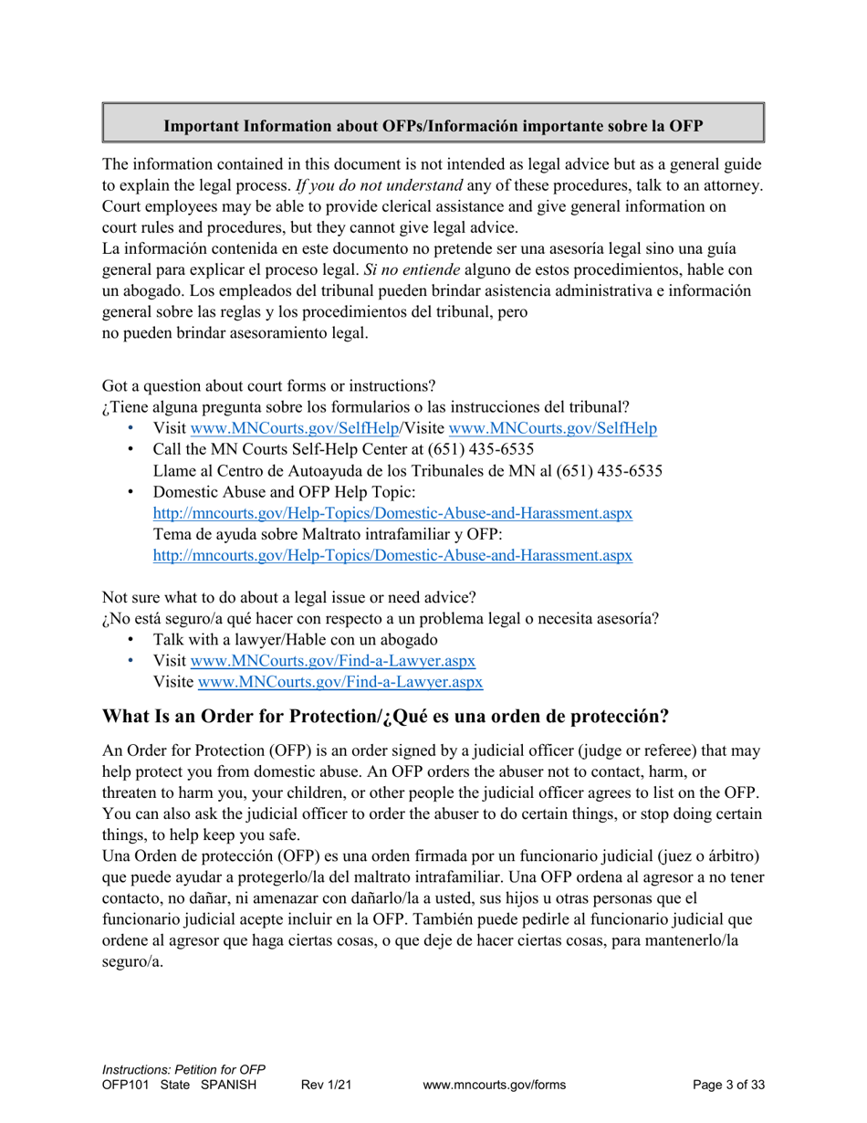 Form OFP101 Instructions - Asking for an Order for Protection (Ofp) - Minnesota (English / Spanish), Page 3