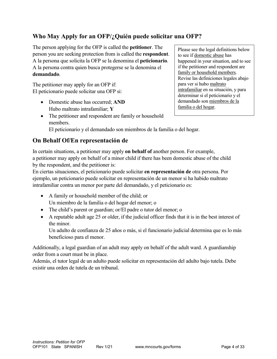 Form OFP101 Instructions - Asking for an Order for Protection (Ofp) - Minnesota (English / Spanish), Page 4