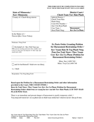 Form HAR802 Ex Parte Order Granting Petition for Harassment Restraining Order - Minnesota (English/Hmong)
