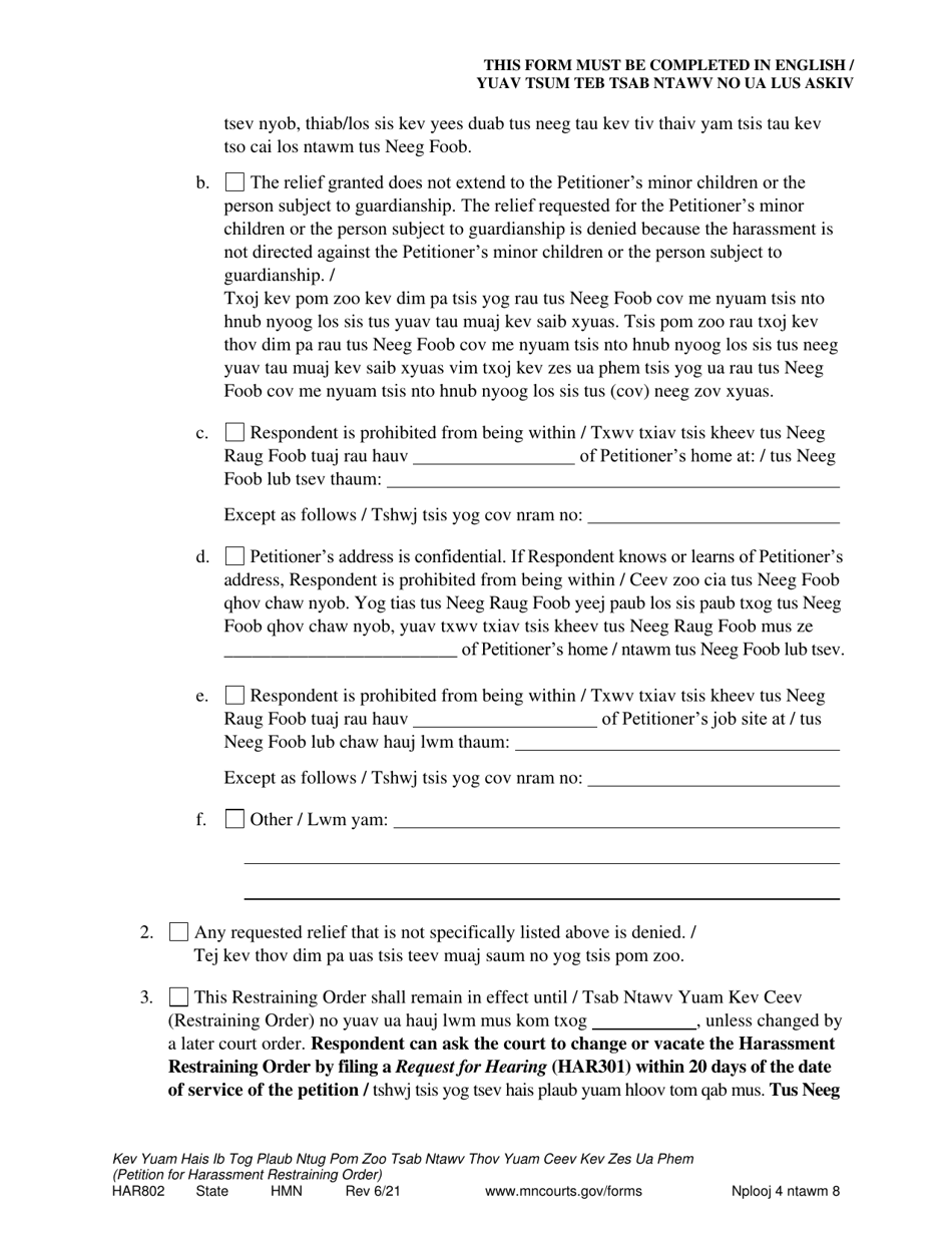 Form HAR802 Ex Parte Order Granting Petition for Harassment Restraining Order - Minnesota (English / Hmong), Page 4
