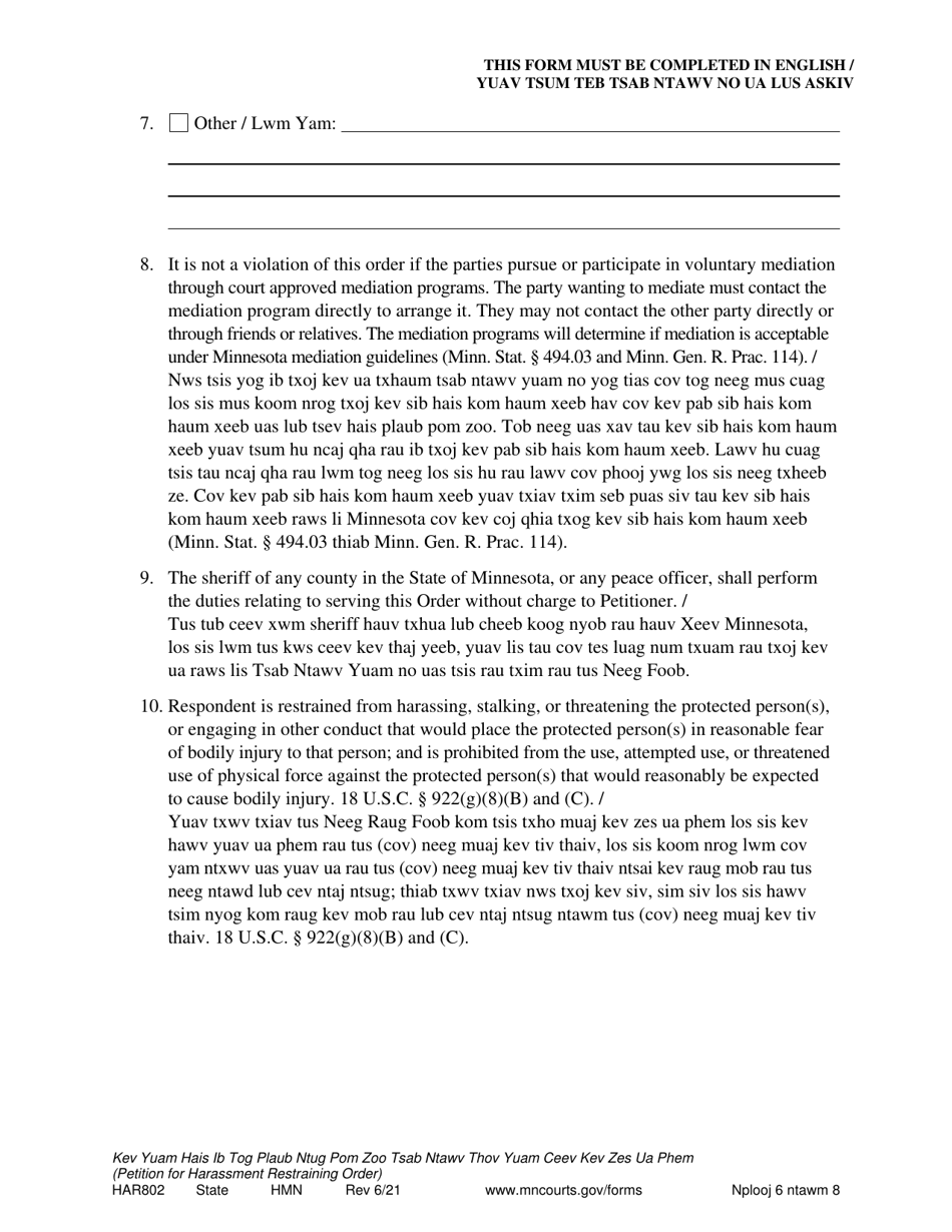 Form HAR802 Ex Parte Order Granting Petition for Harassment Restraining Order - Minnesota (English / Hmong), Page 6