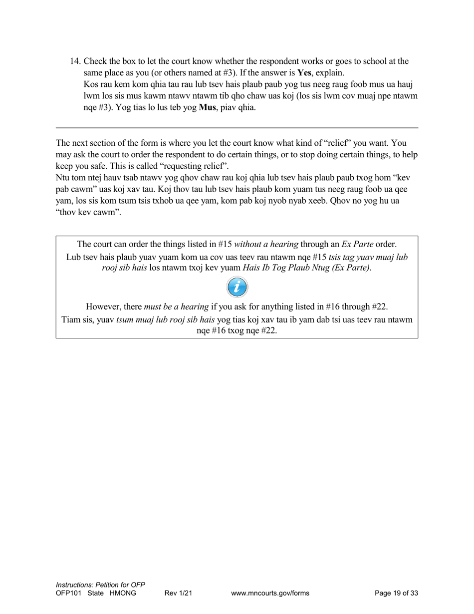 Form OFP101 Instructions - Asking for an Order for Protection (Ofp) - Minnesota (English / Hmong), Page 19