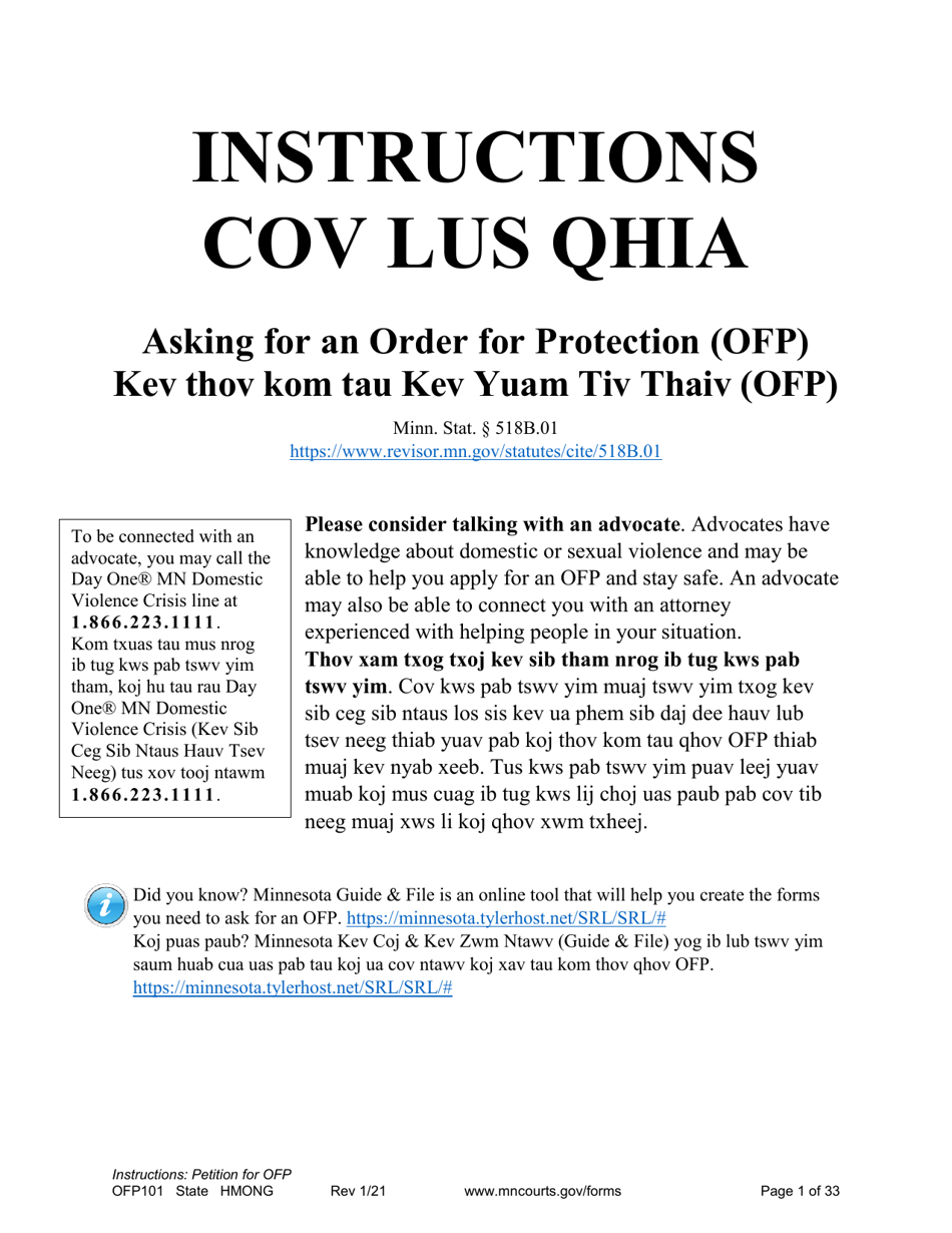 Form OFP101 Instructions - Asking for an Order for Protection (Ofp) - Minnesota (English/Hmong), Page 1