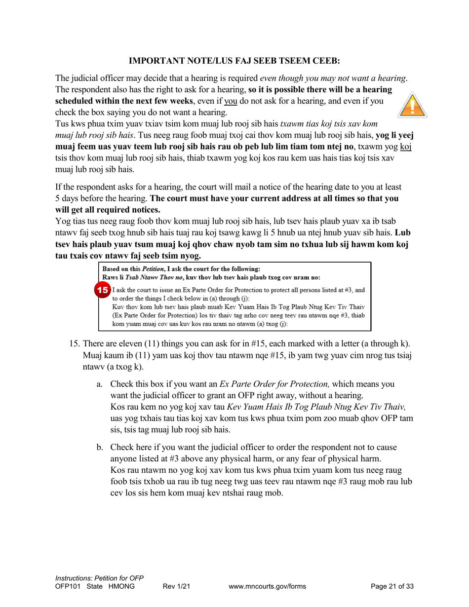 Form OFP101 Instructions - Asking for an Order for Protection (Ofp) - Minnesota (English / Hmong), Page 21