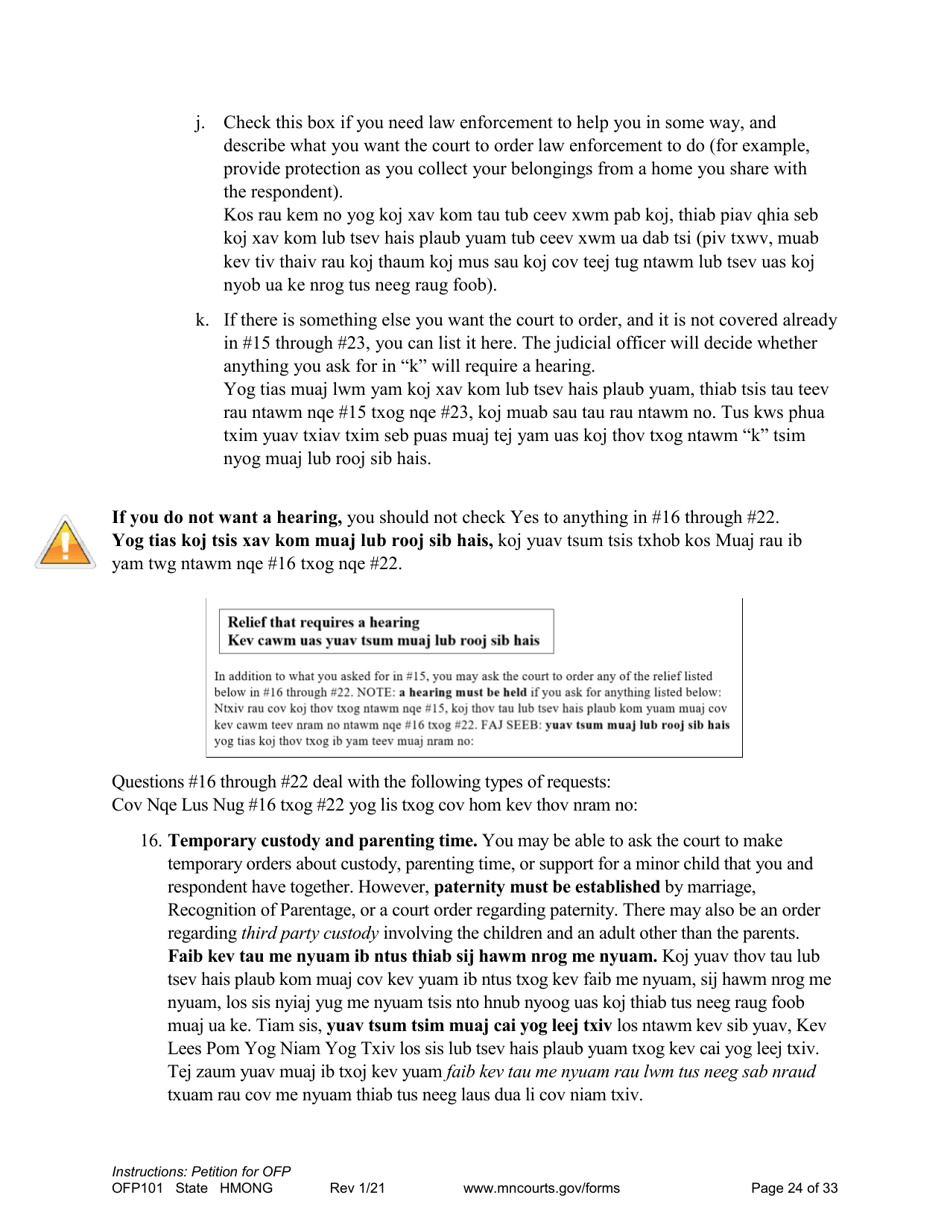 Form OFP101 Instructions - Asking for an Order for Protection (Ofp) - Minnesota (English / Hmong), Page 24