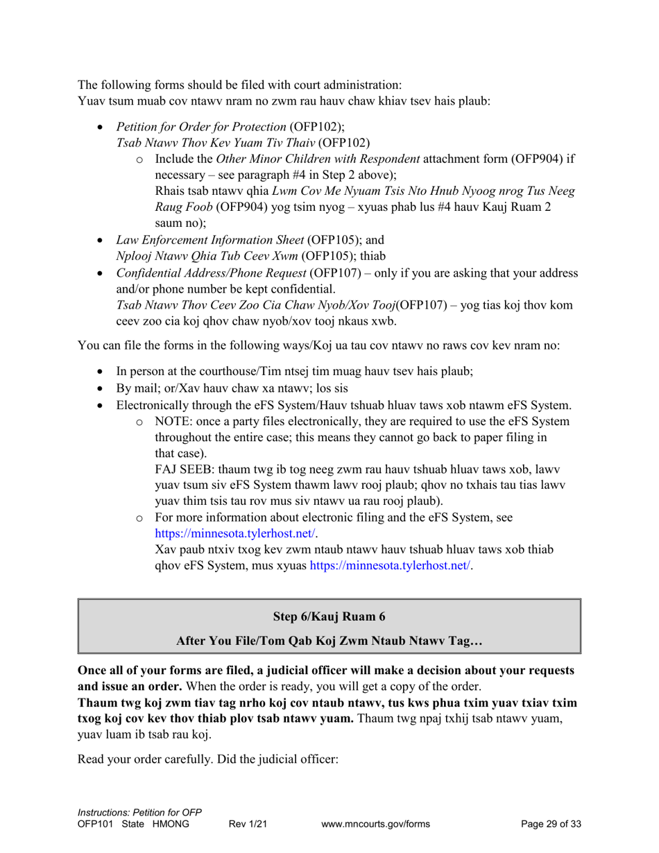 Form OFP101 Instructions - Asking for an Order for Protection (Ofp) - Minnesota (English / Hmong), Page 29