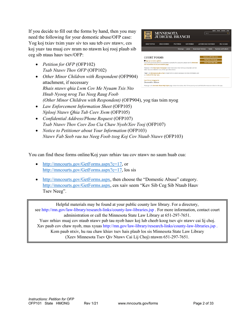 Form OFP101 Instructions - Asking for an Order for Protection (Ofp) - Minnesota (English / Hmong), Page 2