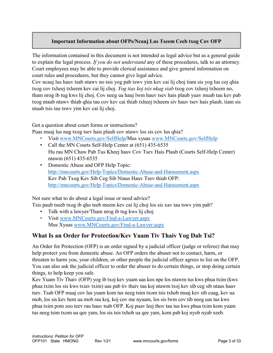 Form OFP101 Instructions - Asking for an Order for Protection (Ofp) - Minnesota (English / Hmong), Page 3