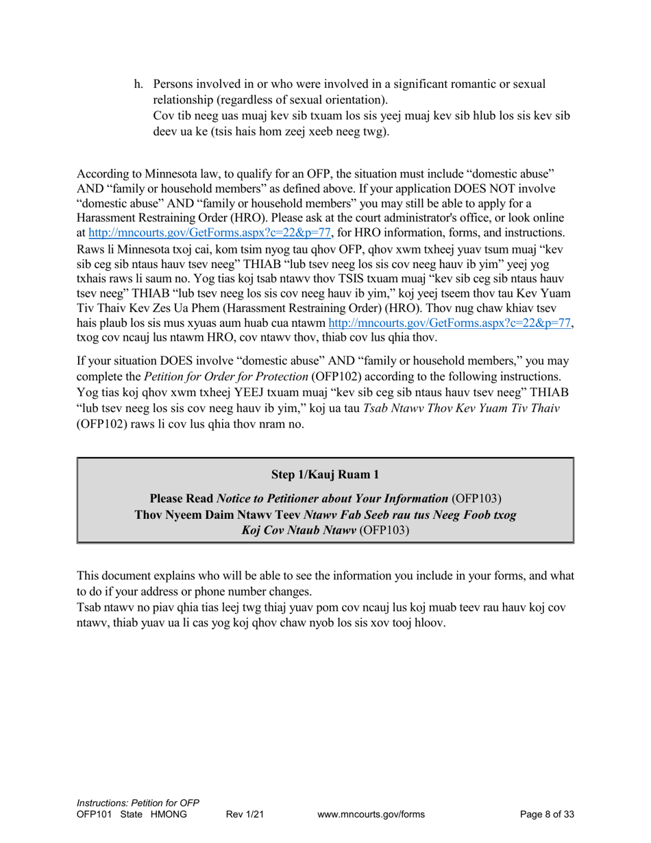 Form OFP101 Instructions - Asking for an Order for Protection (Ofp) - Minnesota (English / Hmong), Page 8
