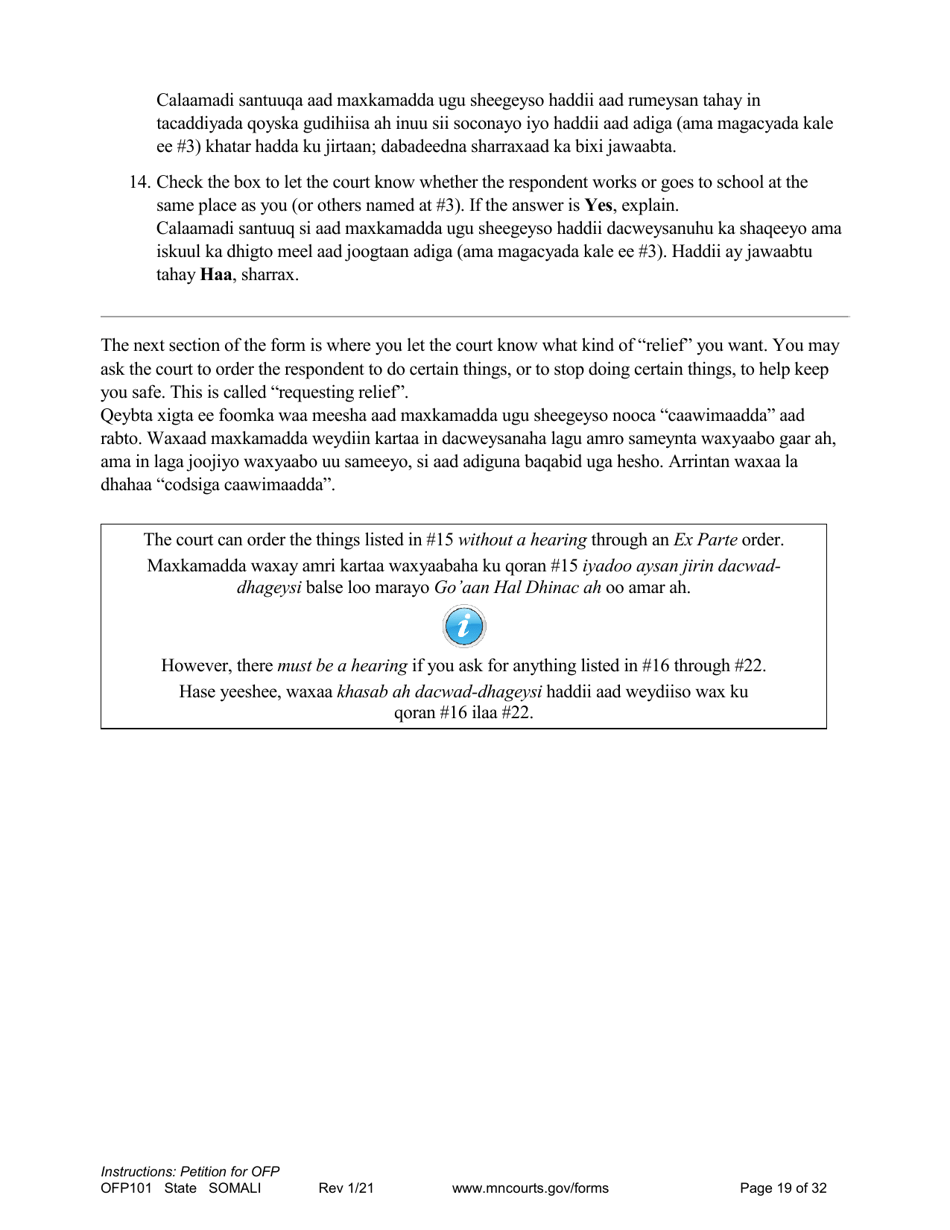 Form OFP101 Instructions - Asking for an Order for Protection (Ofp) - Minnesota (English / Somali), Page 19