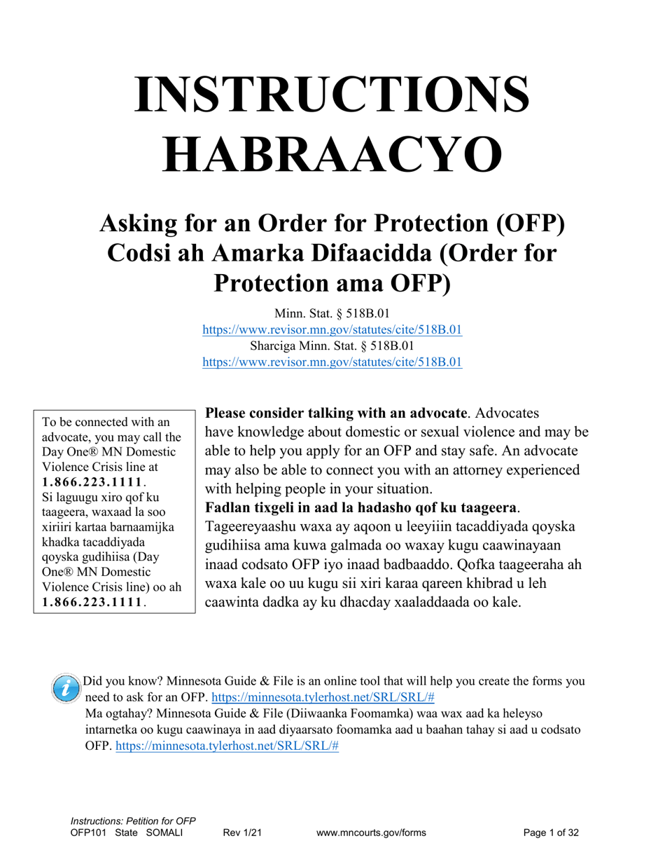 Form OFP101 Instructions - Asking for an Order for Protection (Ofp) - Minnesota (English / Somali), Page 1