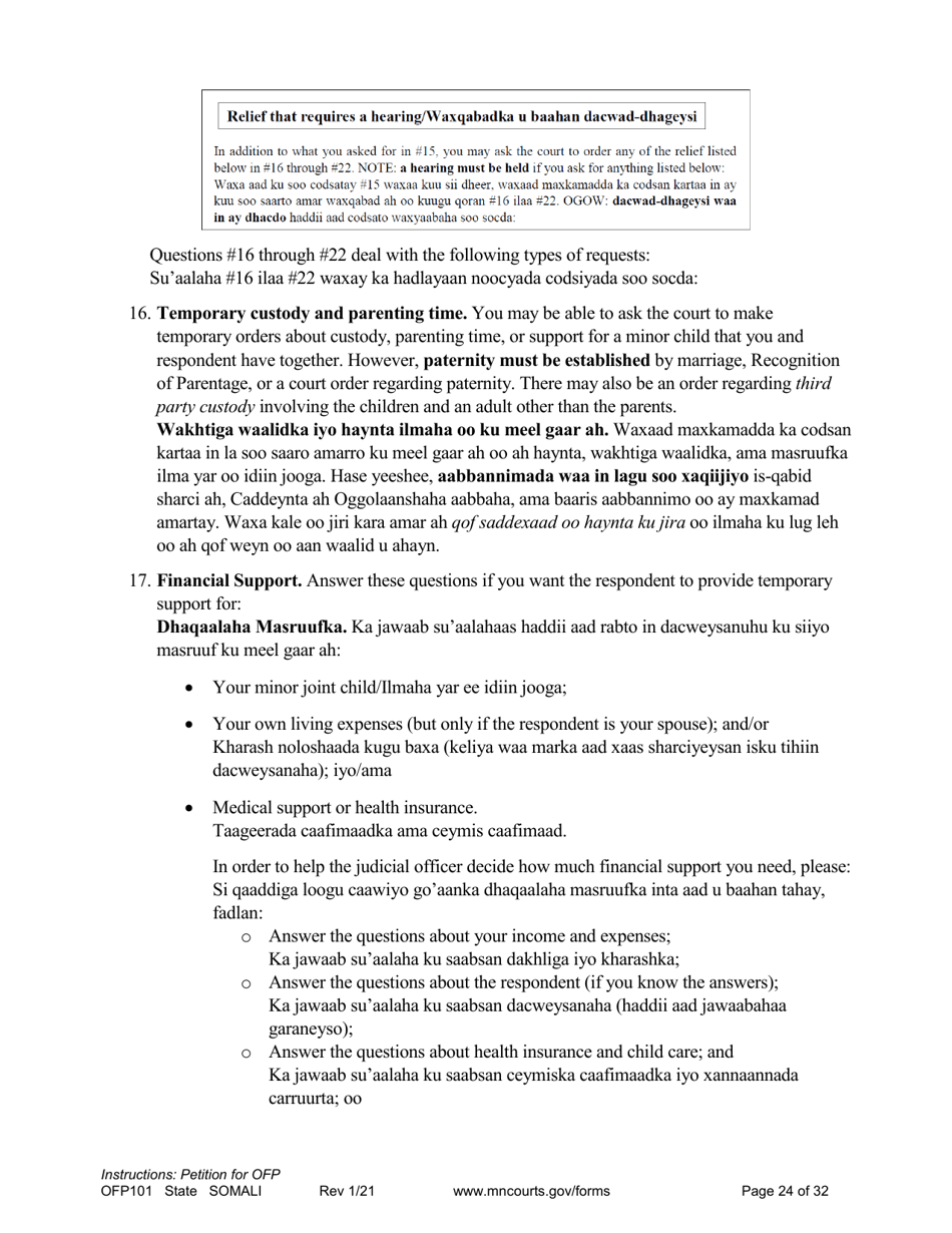 Form OFP101 Instructions - Asking for an Order for Protection (Ofp) - Minnesota (English / Somali), Page 24
