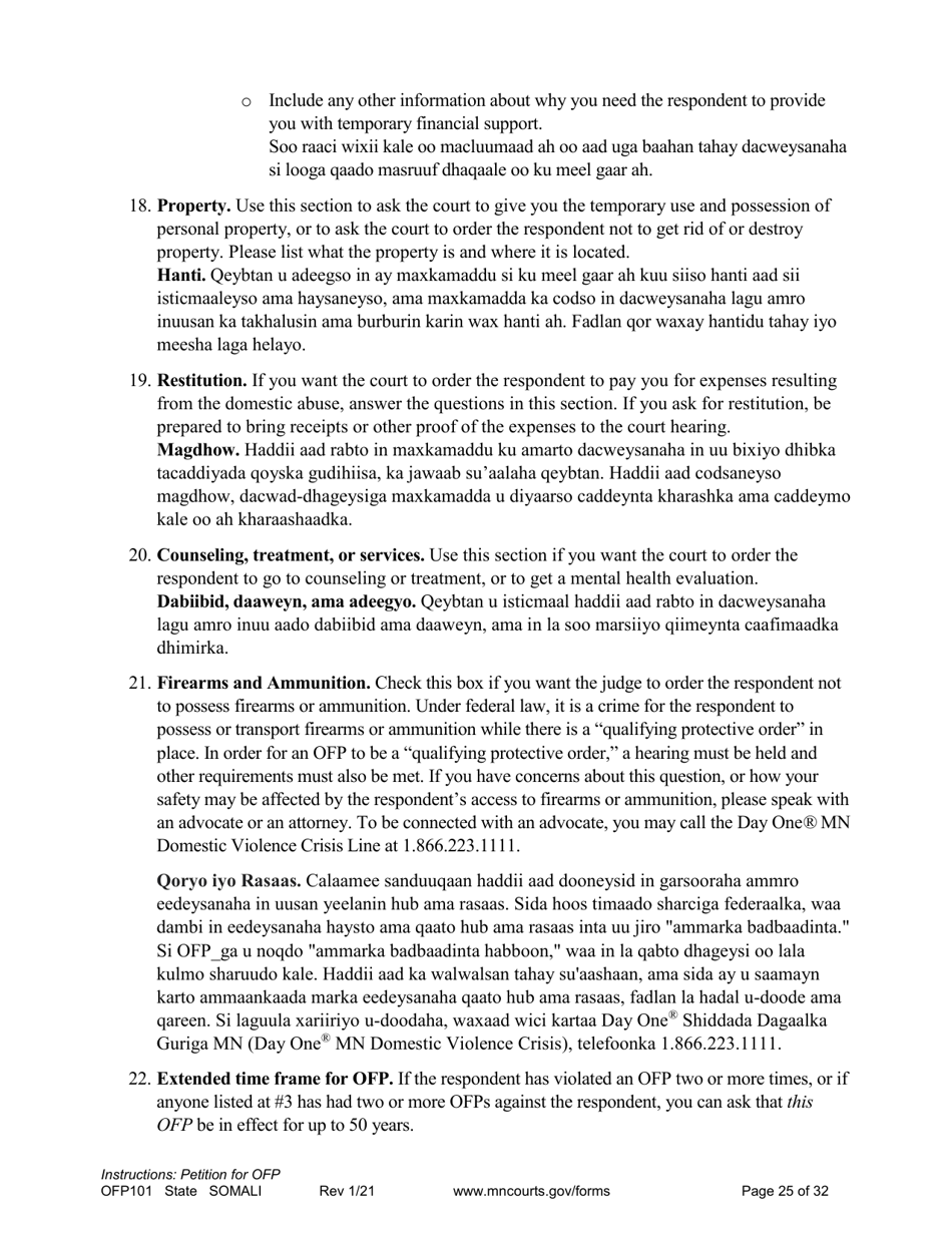 Form OFP101 Instructions - Asking for an Order for Protection (Ofp) - Minnesota (English / Somali), Page 25