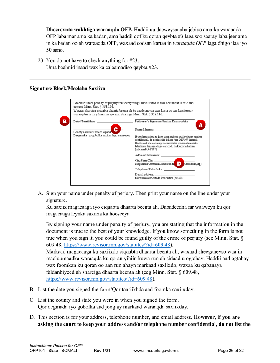 Form OFP101 Instructions - Asking for an Order for Protection (Ofp) - Minnesota (English / Somali), Page 26