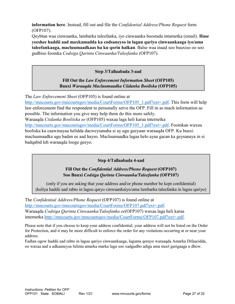 Form OFP101 Instructions - Asking for an Order for Protection (Ofp) - Minnesota (English / Somali), Page 27