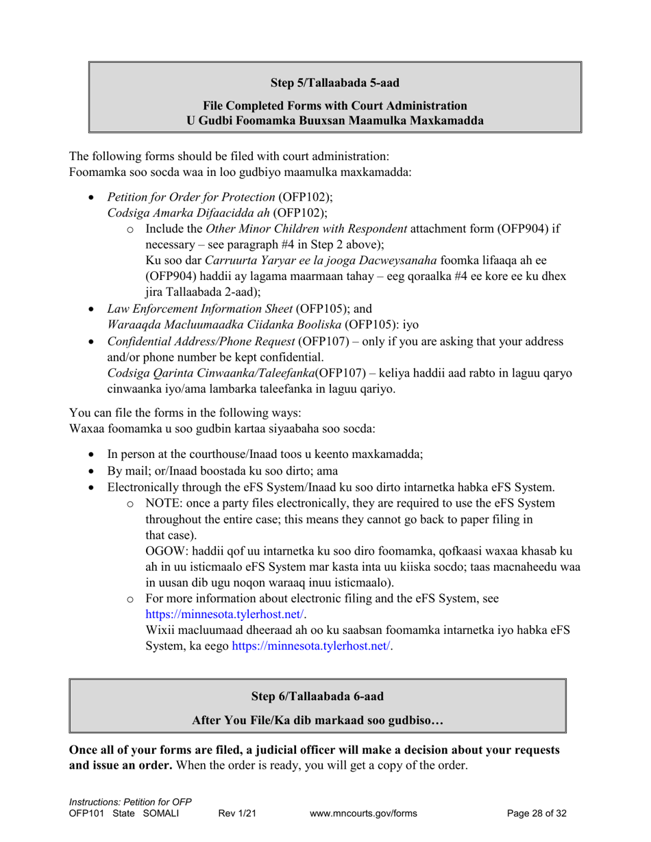 Form OFP101 Instructions - Asking for an Order for Protection (Ofp) - Minnesota (English / Somali), Page 28