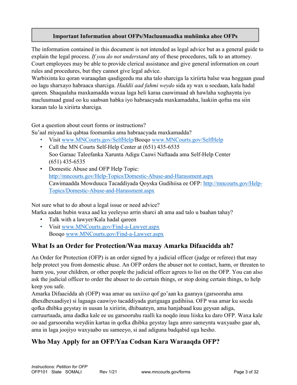 Form OFP101 Instructions - Asking for an Order for Protection (Ofp) - Minnesota (English / Somali), Page 3