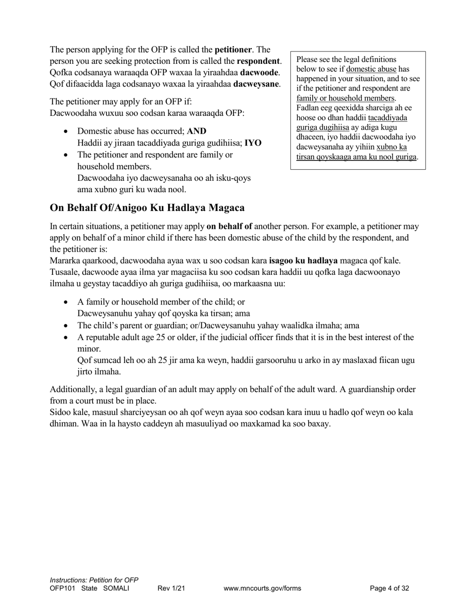 Form OFP101 Instructions - Asking for an Order for Protection (Ofp) - Minnesota (English / Somali), Page 4