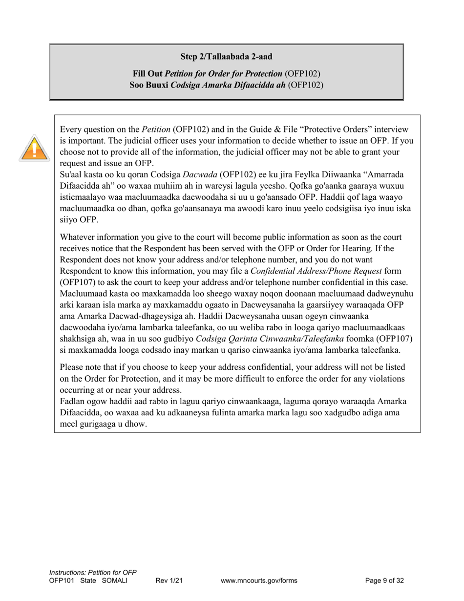 Form OFP101 Instructions - Asking for an Order for Protection (Ofp) - Minnesota (English / Somali), Page 9