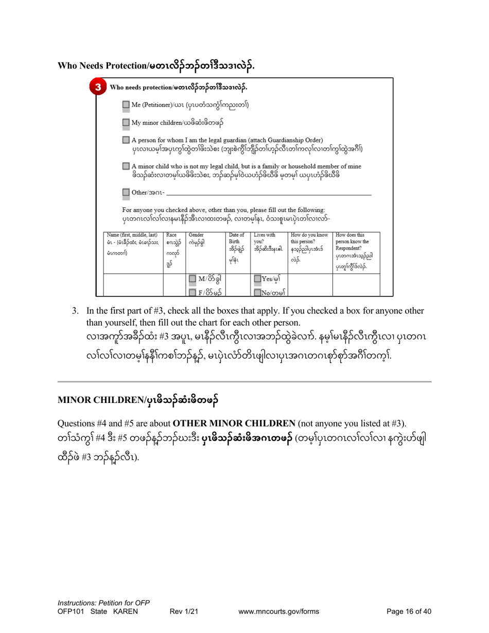 Form OFP101 Instructions - Asking for an Order for Protection (Ofp) - Minnesota (English / Karen), Page 16