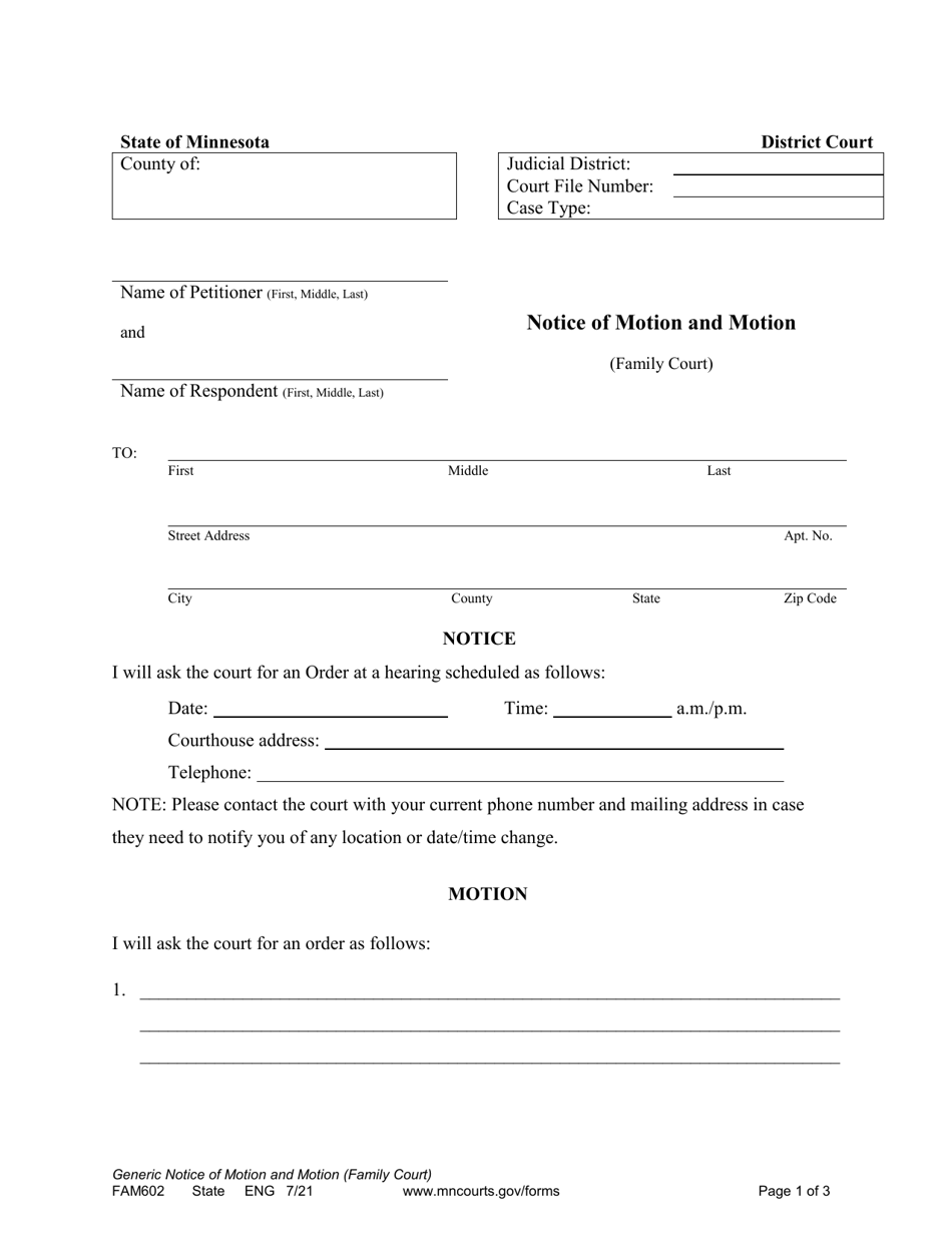 Form FAM602 Notice of Motion and Motion (Family Court) - Minnesota, Page 1