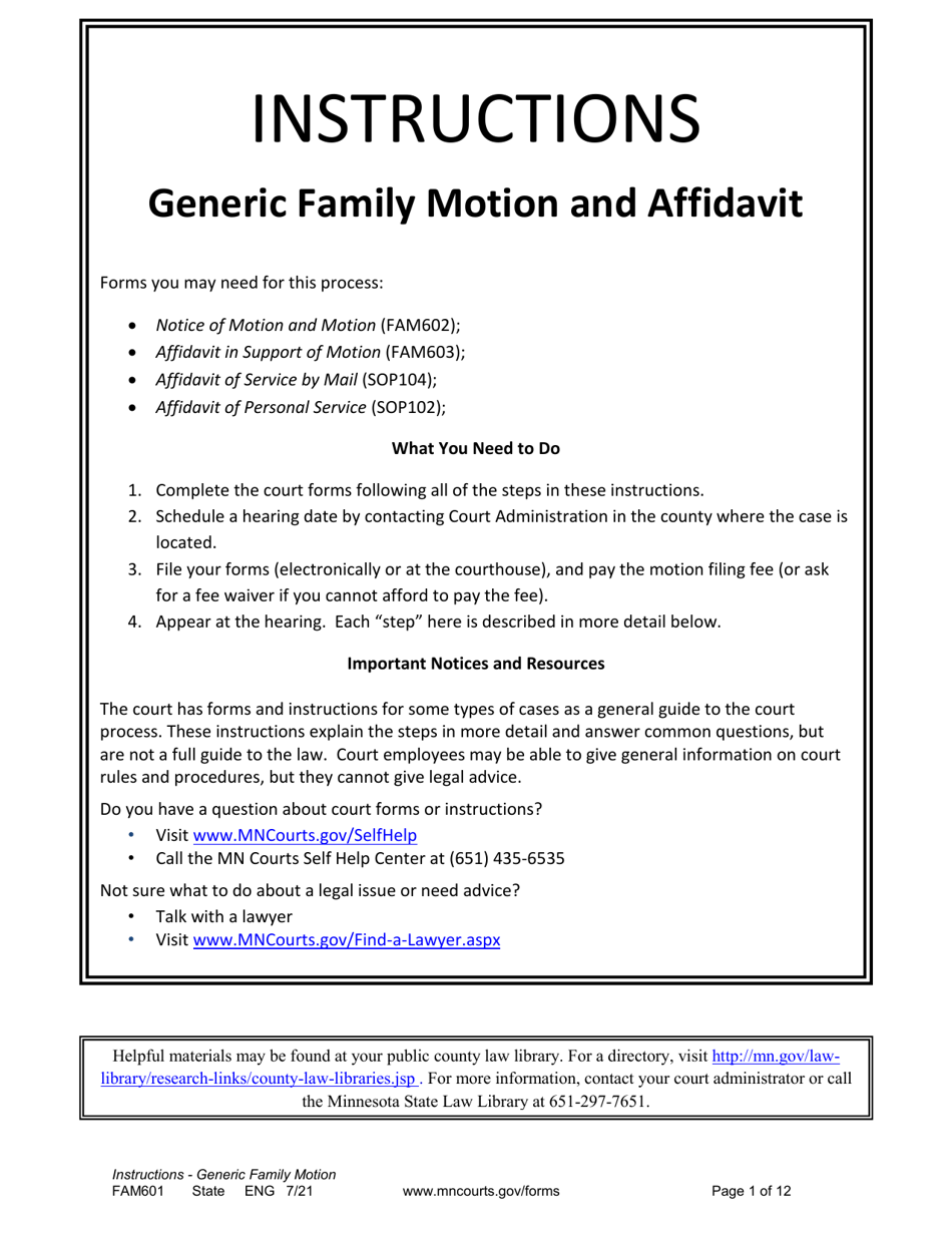 Form FAM601 Instructions - Generic Family Motion and Affidavit - Minnesota, Page 1