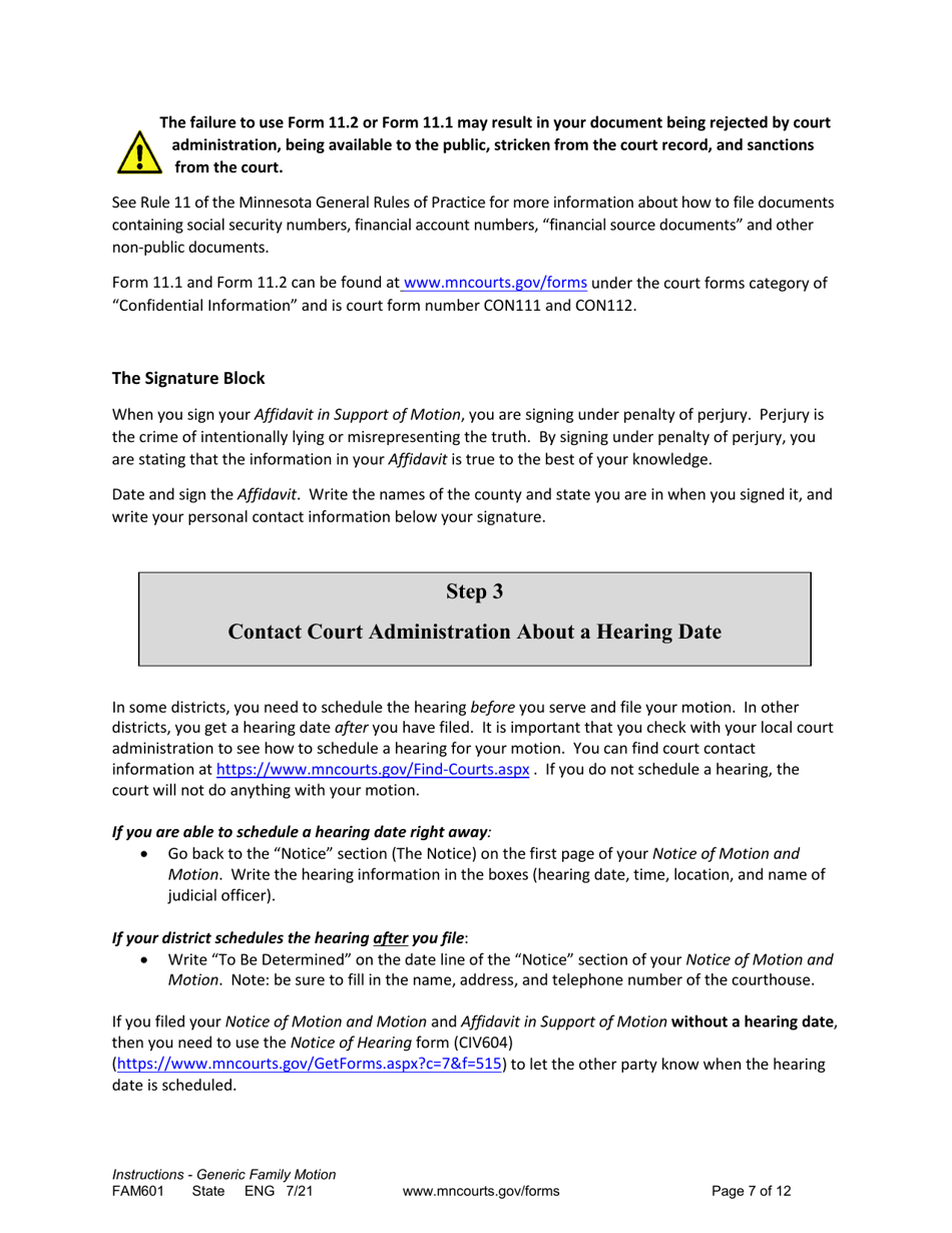 Form FAM601 Instructions - Generic Family Motion and Affidavit - Minnesota, Page 7