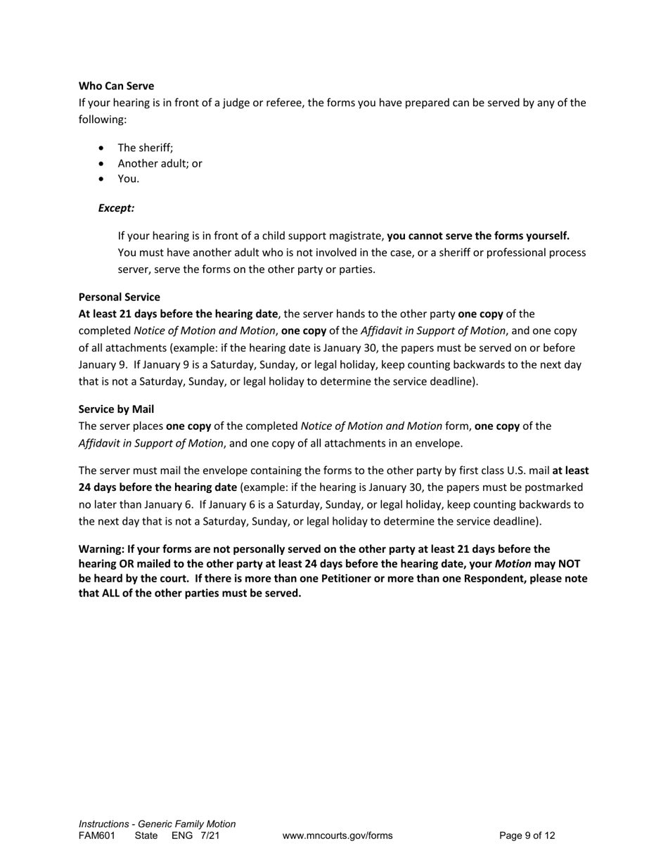 Form FAM601 Instructions - Generic Family Motion and Affidavit - Minnesota, Page 9