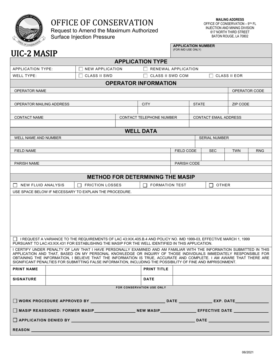 Form UIC-2 MASIP Request to Amend the Maximum Authorized Surface Injection Pressure - Louisiana, Page 1