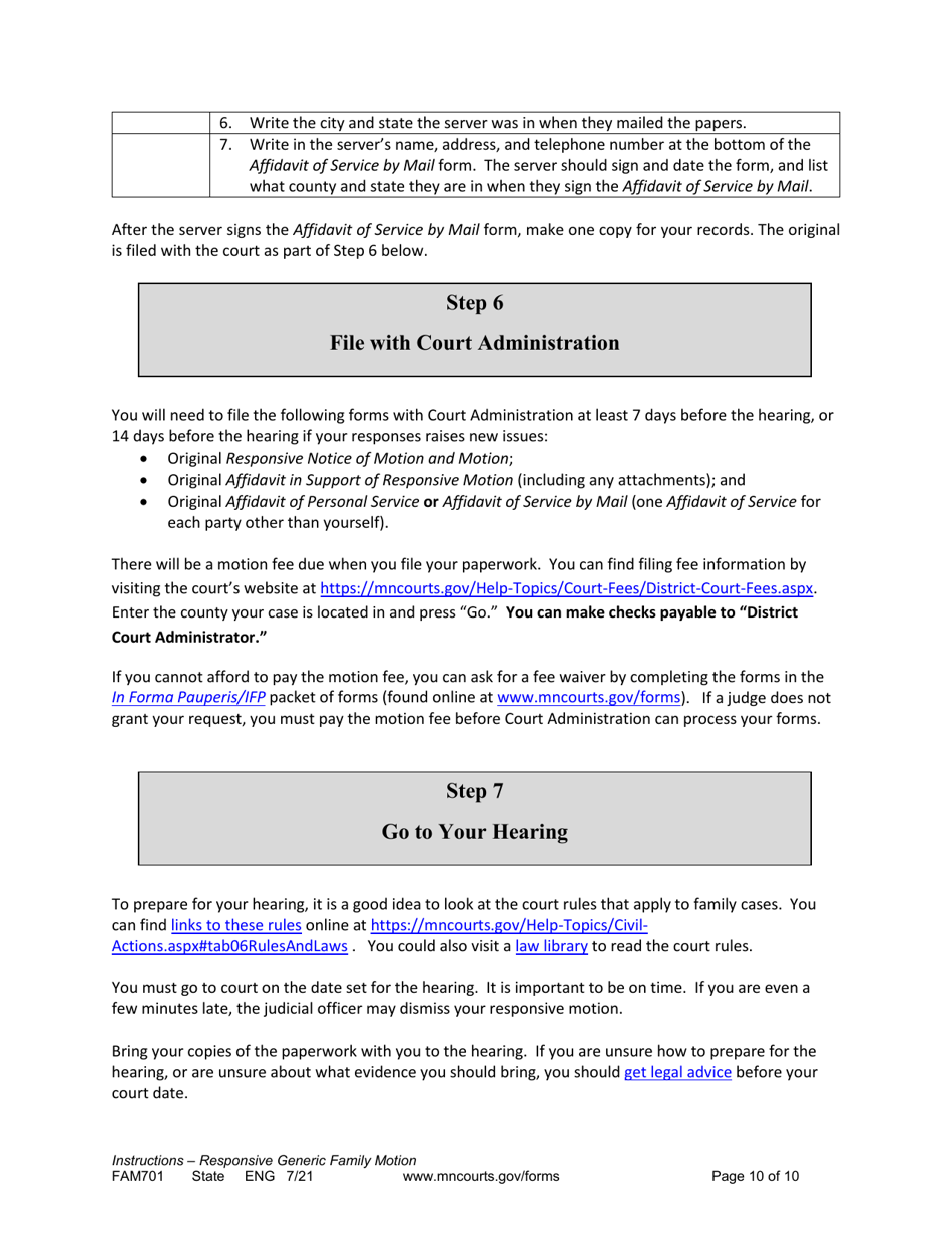 Form FAM701 Instructions - Generic Family Responsive Motion and Affidavit - Minnesota, Page 10