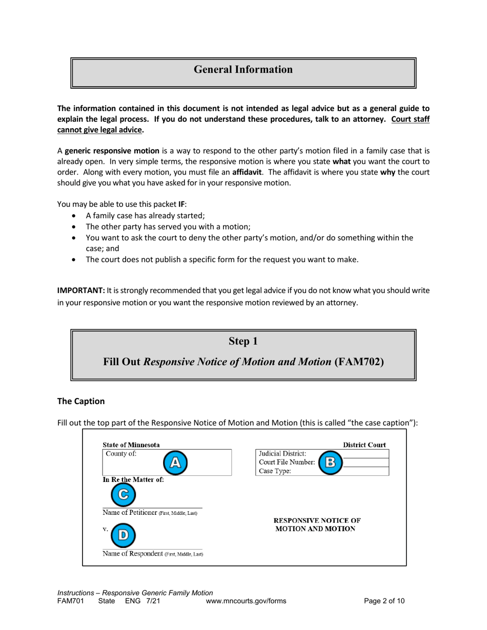 Form FAM701 Instructions - Generic Family Responsive Motion and Affidavit - Minnesota, Page 2